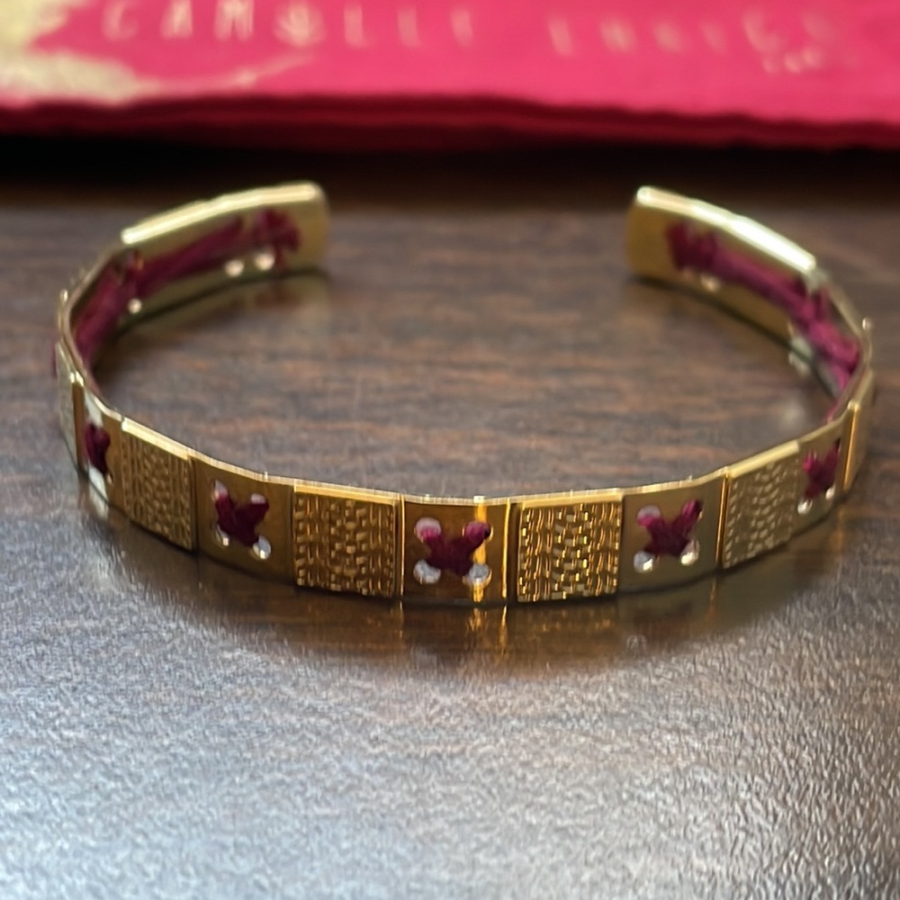 Camille Enrico Maroon and Gold-Dipped Adjustable Cuff Bracelet with Pouch